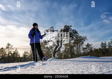 Belles femmes caucasiennes d'âge moyen en veste bleue et chaussures de neige se tient près du pin dans la forêt enneigée d'hiver et regarde à droite. Ensoleillé nous Banque D'Images