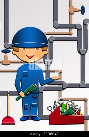 Dessin animé d'un joli Plumber heureux avec d'autres outils, dans un emplacement de construction. Cette illustration fait partie d'une collection de professions différentes. Banque D'Images