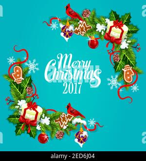 Carte de vœux de joyeux Noël 2017. Affiche de Noël avec couronne et rubans de feuilles de houx, branches de pin, guirlandes, baies, cadeaux, neige, coulis Illustration de Vecteur