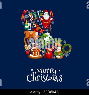 Affiche de joyeux Noël. Carte de vœux vectorielle avec symbole de noël traditionnel du renne de noël, cadeaux du nouvel an, biscuits au pain d'épice, christ Illustration de Vecteur