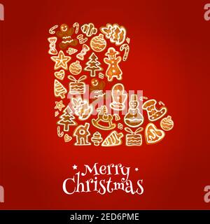 Affiche de joyeux Noël. Symbole bottes d'hiver de biscuits au pain d'épice cuits en forme d'arbre de noël, boîte-cadeau, bas de Noël, moufles, coeur, bonhomme de neige, étoiles Illustration de Vecteur