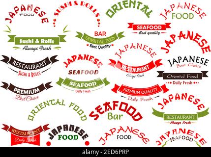 Rubans ou icônes de fruits de mer ou d'aliments à base de poisson. Les emblèmes vectoriels et les enseignes de bannière sont conçus pour un restaurant gastronomique de qualité supérieure, japonais ou oriental, avec du da Illustration de Vecteur