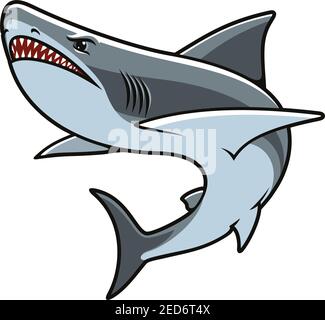 Mascotte de dessin animé de requin. Requin gris en colère avec mâchoires ouvertes montrant des dents pointues dangereuses. Animal marin pour tatouage, mascotte de sport ou imprimé t-shirt d Illustration de Vecteur