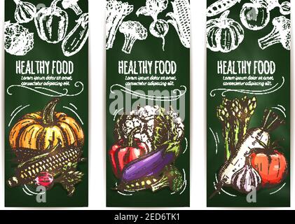 Bannière d'esquisse végétale sur tableau noir. Ensemble de banderoles pour aliments sains de tomates et de poivrons, d'ail et d'aubergine, de maïs, de citrouille, de chou-fleur et de brocoli, de pois Illustration de Vecteur