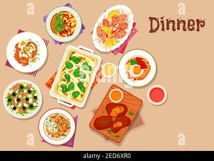 Menu du dîner : pâtes cuites au four avec fromage, omelette à la saucisse, salade de fromage et de jambon avec olives, salade d'œufs de saumon, œufs frits sur pain grillé, crevettes grillées, Illustration de Vecteur