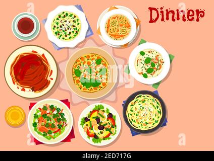 Plats pour le dîner, icône de nouilles à la viande et aux crevettes, salade de thon aux légumes à l'olive et aux œufs, pâtes à l'ail au fromage, soupe de poulet, spaghetti à la nu Illustration de Vecteur