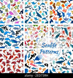 Dessin animé vectoriel de poissons de mer et d'animaux de l'océan patron sans couture de raies et de pingouins, de tortues, de poissons clown ou de flounder et de poissons papillons tropicaux, de Lobste Illustration de Vecteur