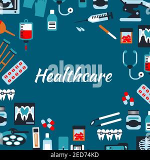 Bannière de l'infographie médicale pour la santé. Symboles vectoriels et icônes de l'équipement médical hospitalier et de la thérapie rayons X, sonographie, compte-gouttes, pilules, stethosc Illustration de Vecteur