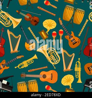 Instruments de musique, motif sans couture. Fond vectoriel de symboles et d'icônes d'instruments de musique à cordes et à vent, piano, violon, guitare électrique, saxop Illustration de Vecteur