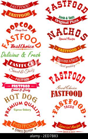Ensemble de bandeaux pour ruban de restauration rapide. Pizza de restauration rapide, hot dog, tacos, nachos et pop-corn éléments de conception pour étiquette, badge, emblème, logo, menu de café ou signboar Illustration de Vecteur