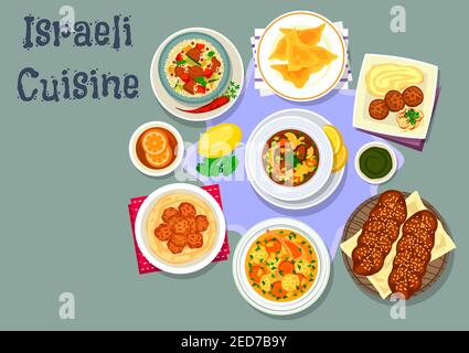 Cuisine israélienne : délicieux dîner emblématique avec boulettes de poulet, boulettes de poulet, pain sucré juif, soupe de poulet avec boulettes, falafel aux pois chiches, légumes au bœuf Illustration de Vecteur