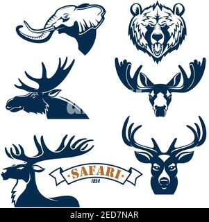 Jeux d'emblèmes et d'icônes du club de chasse. Badges d'aventure de chasse Safari avec animaux têtes d'icônes isolées d'éléphant, d'ours grizzly, d'élan ou de cerf anteur an Illustration de Vecteur
