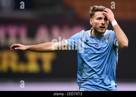 Milan, Italie. 14 février 2021. MILAN, ITALIE - 14 février 2021 : l'immobilité de Ciro de SS Lazio réagit au cours de la série UN match de football entre FC Internazionale et SS Lazio. (Photo de Nicolò Campo/Sipa USA) crédit: SIPA USA/Alay Live News Banque D'Images