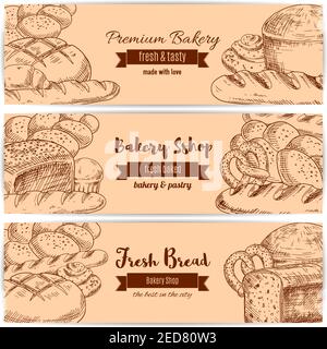 Bannières de pain et de boulangerie. Ensemble de pain de blé de croquis bagel, brique de pain de seigle, pain de pain de blé blanc, bretzel frais et tarte croqueuse, sésame doux r Illustration de Vecteur