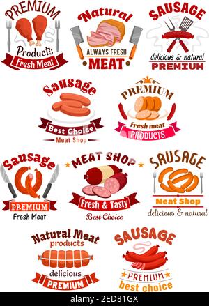 Viande de poulet et jambon de porc, icône de steak de bœuf. Agneau et porc, dinde, filet grillé et saucisse en tranches, wurst ou kielbasa, filet de porc et sirloin Illustration de Vecteur