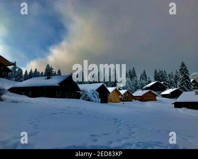 Les cabanes se trouvent sur la piste de ski fraîchement enneigée. village de vacances avec maisons en bois alpin en face d'une forêt de sapins enneigés. Bödele Banque D'Images