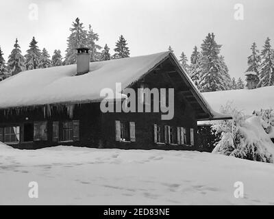 Les cabanes se trouvent sur la piste de ski fraîchement enneigée. village de vacances avec maisons en bois alpin en face d'une forêt de sapins enneigés. Bödele Banque D'Images