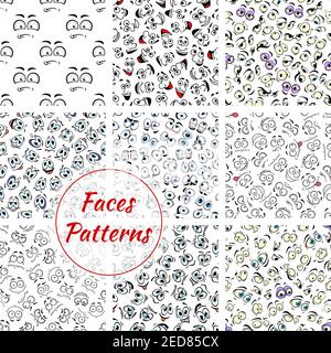 Ensemble de faces de dessin animé expression fond de motif transparent. Souriant des émotions faciales ou émoticônes comme rire et joie, bouche triste ou sourcil gai, sc Illustration de Vecteur
