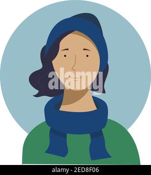 Portrait plat de fille dans des vêtements chauds d'hiver - écharpe et chapeau en laine et manteau vert. Illustration vectorielle saisonnière pour affiche ou carte sur la joie hivernale, Illustration de Vecteur