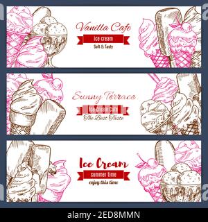 Banderoles de glace. Assortiment de desserts glacés. Ensemble de boules de glace à la vanille douce et fraîche, en forme de vecteur, dans un bol en verre, émaillé eskimo avec crème fouettée Illustration de Vecteur