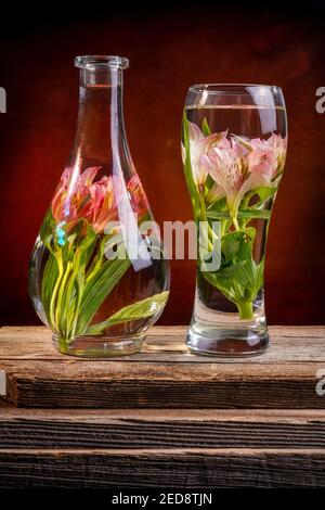 Couper les fleurs et les lys roses dans un vase rempli de l'eau sur une table en bois de grange marron en face de un arrière-plan de toile sombre Banque D'Images
