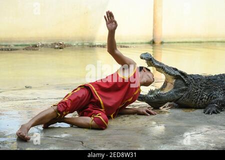 Un artiste qui met la tête entre les fangs béants d'un crocodile lors d'un spectacle à la ferme aux crocodiles de Samutprakarn et au zoo.la ferme et le zoo se classeront être la plus grande ferme de crocodiles du monde avec des crocodiles d'eau douce et des crocodiles dans la mer. Plus de 40,000 caractères et offres. Des spectacles comme le combat d'alligators pour attirer les touristes rouvrent dans le cadre de l'épidémie de coronavirus. Banque D'Images