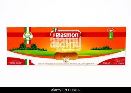 Biscuits pour bébés Plasmon. Plasmon est une marque italienne de produits alimentaires pour bébés du groupe Kraft Heinz Co Banque D'Images