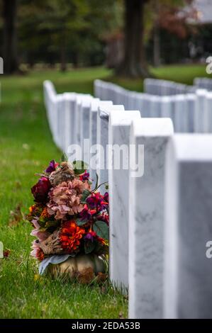 Bouquet de fleurs uniques à la tombe en rangée de pierres tombales, cimetière national d'Arlington, États-Unis Banque D'Images