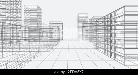 architecture maille de fils modèle de bâtiments à dépouille paysage urbain avec noir les lignes sur fond blanc 3d rendent l'illustration Banque D'Images