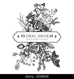 Bouquet floral avec porte-monnaie noir et blanc, bruyère, iris japonica, sakura, gitsophila, amande, papillon citron, tigre, roses Illustration de Vecteur