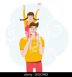 Père avec fille. Petite fille sur une balade à dos piquant avec son père. Bon pour les thèmes de famille ou carte de voeux de fête des pères. Illustration vectorielle dans Illustration de Vecteur