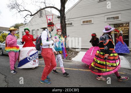 Houston, États-Unis. 13 février 2021. Les gens s'habillent pour une mini-parade pendant la saison Mardi gras, la Nouvelle-Orléans, Louisiane, États-Unis, 13 février 2021. La saison Mardi gras qui dure plus d'un mois se tient chaque année dans la ville américaine de la Nouvelle-Orléans de janvier à février. La plupart des activités traditionnelles de Mardi gras ont été annulées cette année en raison de la pandémie COVID-19. Quelques familles ici ont organisé une mini-parade à leurs cours ou autour de leur quartier pour garder l'esprit du carnaval vivant samedi. Credit: LAN Wei/Xinhua/Alay Live News Banque D'Images