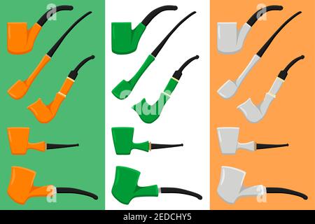 Vacances irlandaises St Patrick Day, grand ensemble couleur pipes fumeurs. Modèle St Patrick Day composé de nombreux tuyaux de fumée différents sur fond coloré. SM Illustration de Vecteur