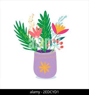 Bouquet de fleurs sauvages dans un vase. Jolie et confortable dessin animé dessin à la main illustration vectorielle sur fond blanc isolé. Illustration de Vecteur