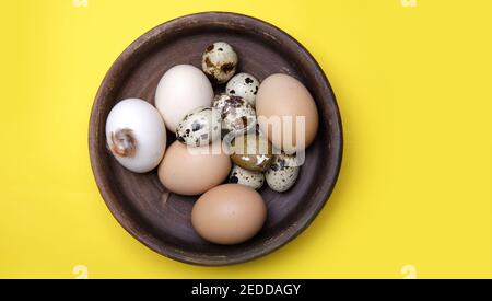 caille fraîche et œufs de poulet de la ferme dans un plaque d'argile brune Banque D'Images