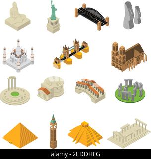 Collection d'icônes isométriques de monuments les plus célèbres au monde avec pyramides égyptiennes et la statue de la liberté américaine illustration vectorielle isolée Illustration de Vecteur