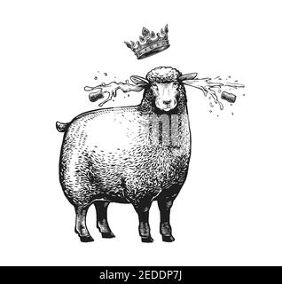 Bande dessinée Sheep stylisée avec la couronne au-dessus de sa tête. Illustration vectorielle de la Reine Sheep en style graphique sur fond blanc. Illustration de Vecteur