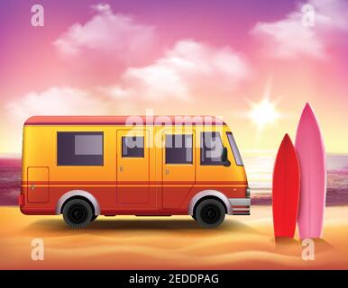 Minibus de surf 3D réaliste de style rétro avec planches de surf rouges roses sur une fantastique illustration vectorielle d'arrière-plan de coucher de soleil colorée Illustration de Vecteur