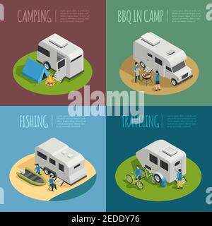 Icônes de concept de véhicules récréatifs ensemble avec symboles de camping isométriques isolés illustration vectorielle Illustration de Vecteur