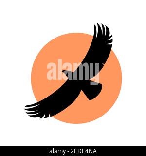 Silhouette noire d'un aigle volant sur le fond du soleil. Symbole de la faune. Illustration de l'icône vectorielle isolée. Illustration de Vecteur