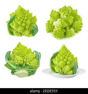 Ensemble de brocoli romanesco ou de chou-fleur romain isolé sur fond blanc. Banque D'Images