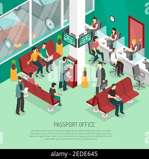 Bureau des passeports de couleur verte avec terminal des employés et des visiteurs illustration vectorielle isométrique des éléments intérieurs de file d'attente Illustration de Vecteur