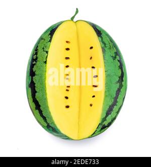 Pastèque. Pastèque jaune coupée isolée sur fond blanc. Banque D'Images