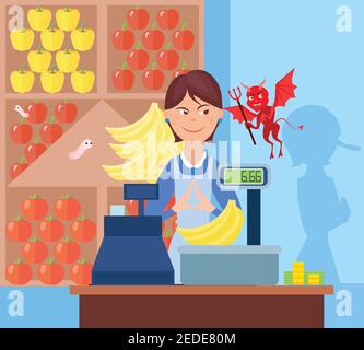 Fraude marché commerce de fond avec des personnages plats de greengrocer et de diable sur le marché avec l'illustration vectorielle des balances de pesage Illustration de Vecteur