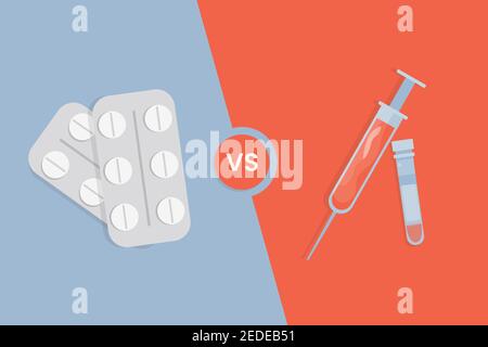 Pilules orales contre vaccin dans l'illustration à plat du vecteur de seringue. Comprimés blancs en blister contre le liquide rouge dans la seringue et le tube à essai. Médicaments, analgésiques, antibiotiques contre les maladies et les virus. Illustration de Vecteur