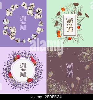 Enregistrez la date du concept 2x2 avec quatre photos de mariage imprimables cartes avec compositions de fleurs sèches illustration vectorielle plate Illustration de Vecteur