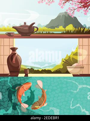 Japon ensemble de bannières horizontales de dessin animé rétro avec cuisine nationale paysages naturels carpes koi isolé vecteur illusration Illustration de Vecteur