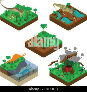 Compositions de dinosaures isométriques avec des reptiles terrestres volants et aquatiques terrestres avec des plantes qui éclatent volcan illustration de vecteur isolé Illustration de Vecteur