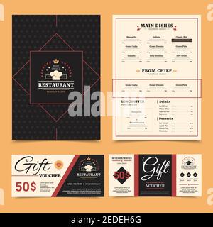 Menu de restaurant cher avec choix de plats du chef et bon cadeau carte ensemble élégant tableau d'affichage vectoriel d'arrière-plan Illustration de Vecteur