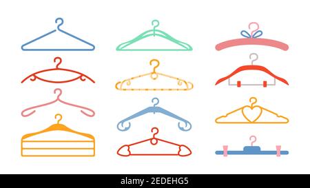 Ensemble de porte-vêtements à dessin animé. Cintres à main accessoire vêtements de garde-robe, vêtements. Boutique de rangement, vestiaire. Icône en forme de gribouillage tendance. Éléments de conception pour étiquette de vente. Illustration vectorielle Illustration de Vecteur